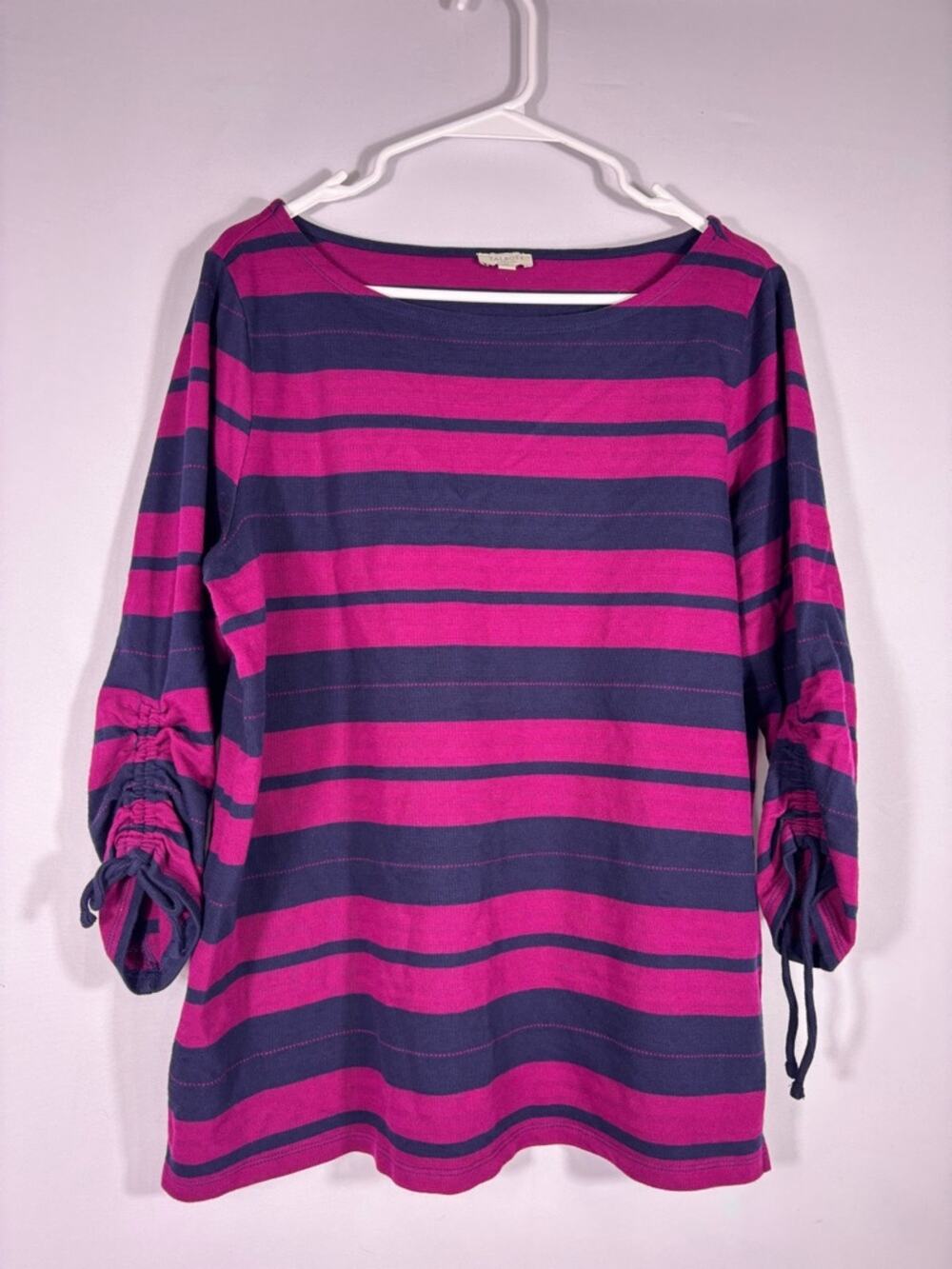 Last Chance!! Talbots Pink Navy Striped Boatneck Top Ruched Tie Sleeves 1X 1277